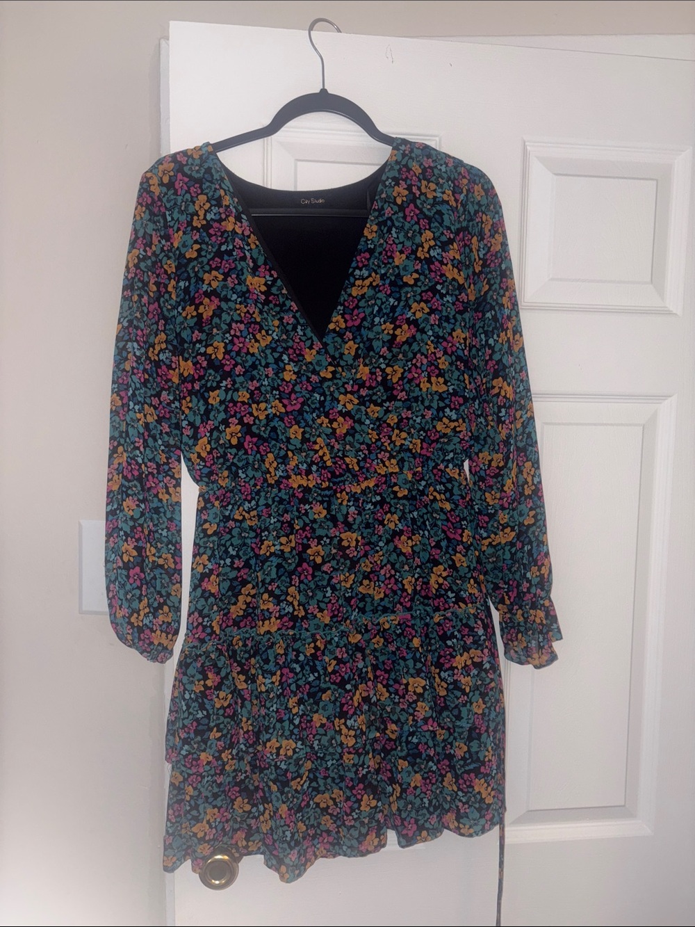 Cato Teal Floral V-Neck Long Sleeve Tiered Dress